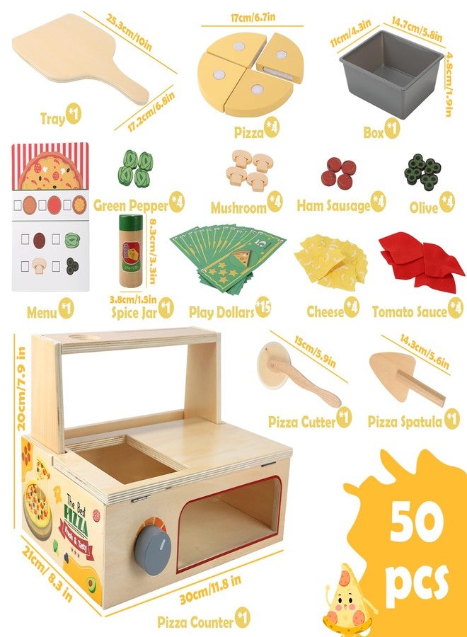 Gserin 50PCS Wooden Pizza Toy, Pizza Counter Playset with Bake Oven, Kitchen Play Food and Accessories for Kids, Montessori Pretend Play Toys for Boys Girls Age 3+ - Image 5